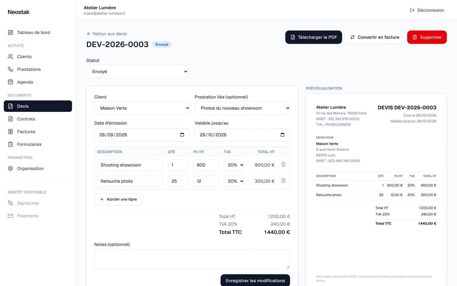Édition d'un devis avec la prévisualisation du document à droite